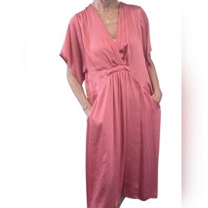 Zara Oversized Coral Satin V-Neck Fairycore Midi Maxi Kimono Dress Size XS